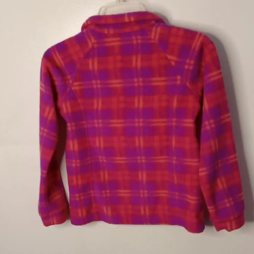 Columbia Girls Size Medium Pink and Orange Plaid Fleece Jacket. Athleisure, War